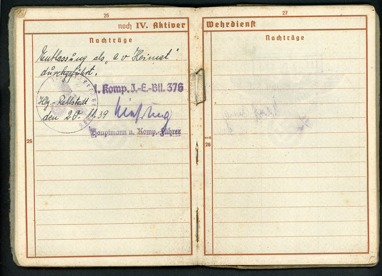 FACEBOOK AUCTION - German WW2 Wehrpass For WW1 And WW2 Veteran, 2nd Pattern *