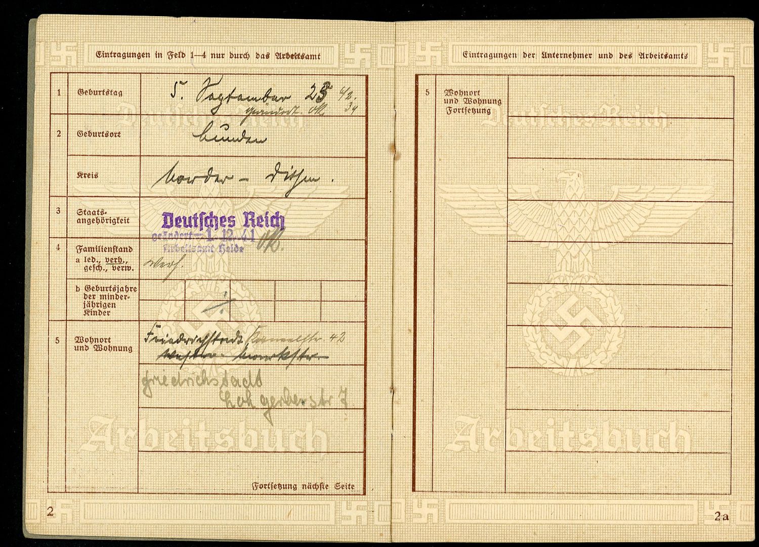 FACEBOOK AUCTION - German WW2 Arbeitsbuch For Teenage Girl Elise Walter, 5 Job Entries From 1938 to 1940, A*