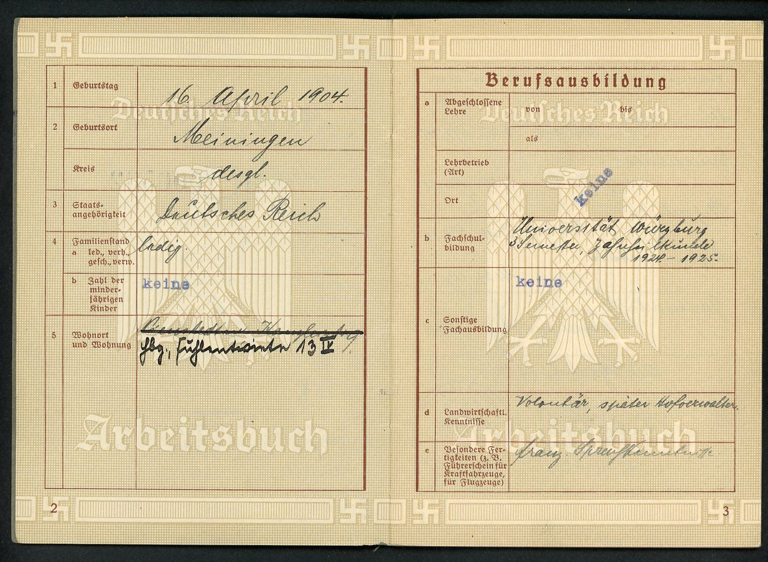 FACEBOOK AUCTION - German WW2 Arbeitsbuch For Hermann Siar, Gardener &amp; Officer Worker During Third Reich, B*