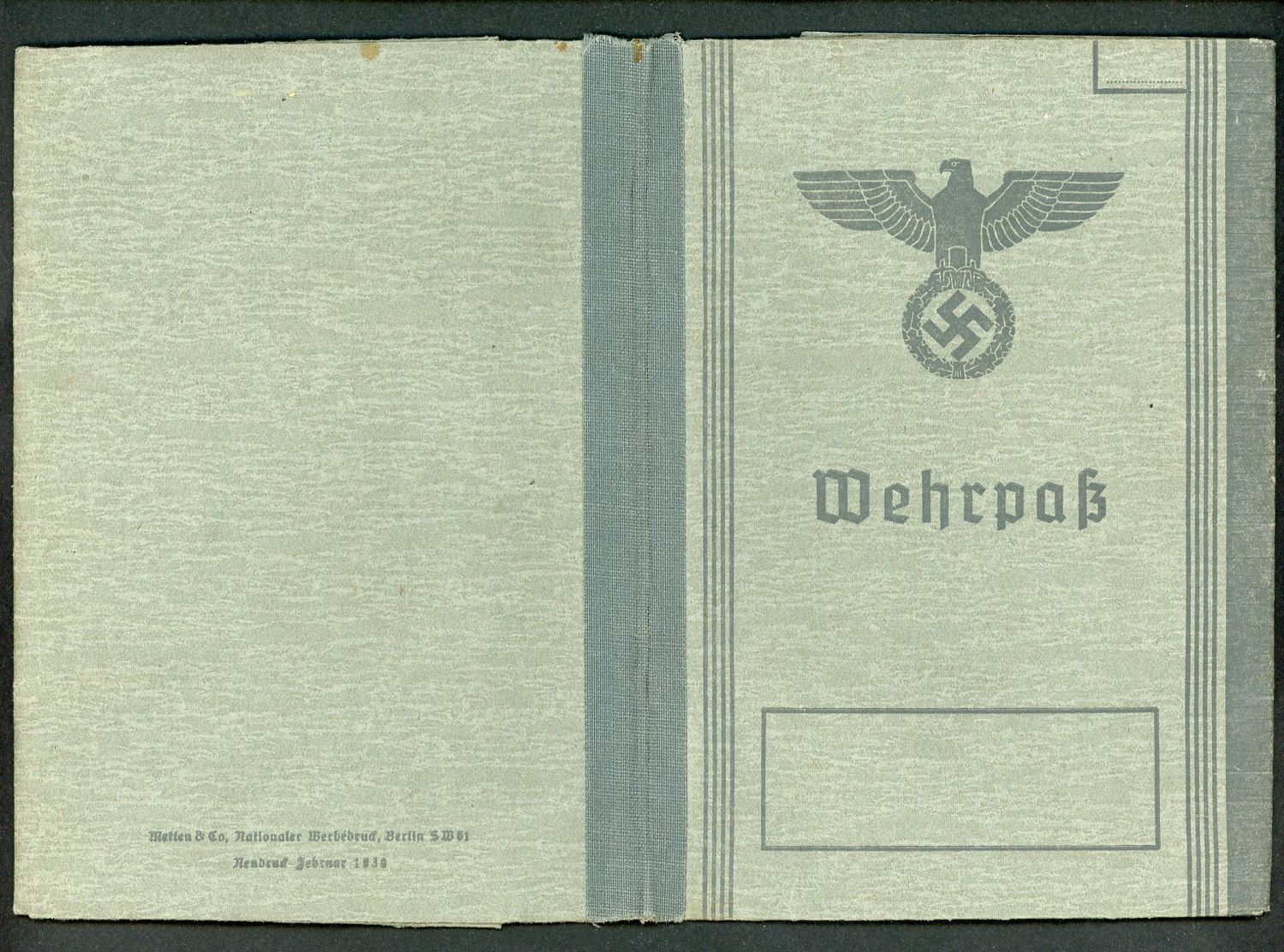 Z FACEBOOK AUCTION - German WW2 Wehrpass COVER, No Insides, Very Nice Condition, Great For Replacement *