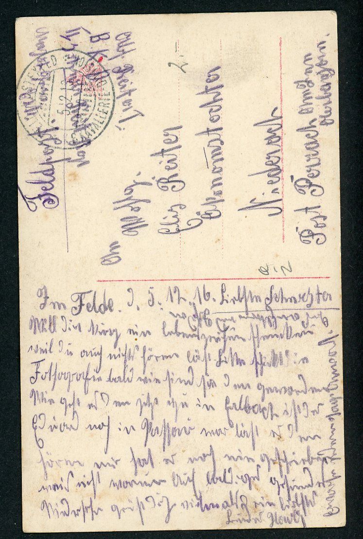 FACEBOOK AUCTION - German WW1 Photo Postcard - Father Soldier At The Front Reading Letter, The Women Back Home + Girl Wearing Pickelhaube Spike Helmet and Army Parade Uniform, 1916