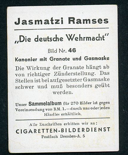 Z FACEBOOK AUCTION - German 3rd Reich Cigarette Card, Wehrmacht Soldier In Combat Helmet, Gasmask &amp; Artillery Shell