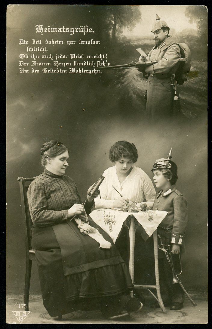FACEBOOK AUCTION - German WW1 Photo Postcard - Father Soldier At The Front Reading Letter, The Women Back Home + Girl Wearing Pickelhaube Spike Helmet and Army Parade Uniform, 1916