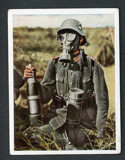 Z FACEBOOK AUCTION - German 3rd Reich Cigarette Card, Wehrmacht Soldier In Combat Helmet, Gasmask &amp; Artillery Shell