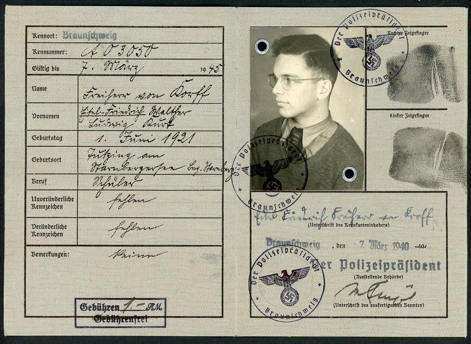 FACEBOOK AUCTION - Amazing German WW2 Kennkarte ID Card For an 18 Year Old Baron of Nobility.