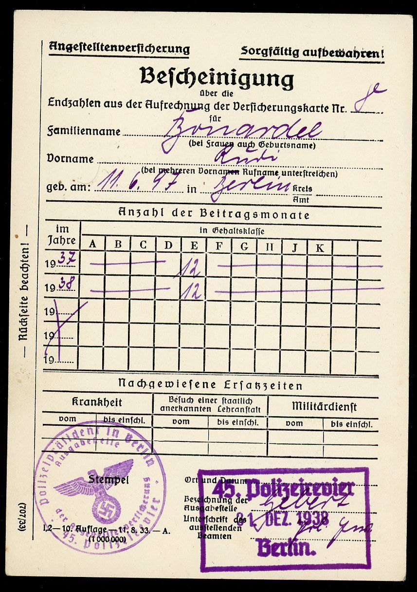 Z FACEBOOK AUCTION - German Third Reich Government Employee Insurance Benefits Reference Card 1938 Polizei Berlin Eagle Swaz Ink Stamps