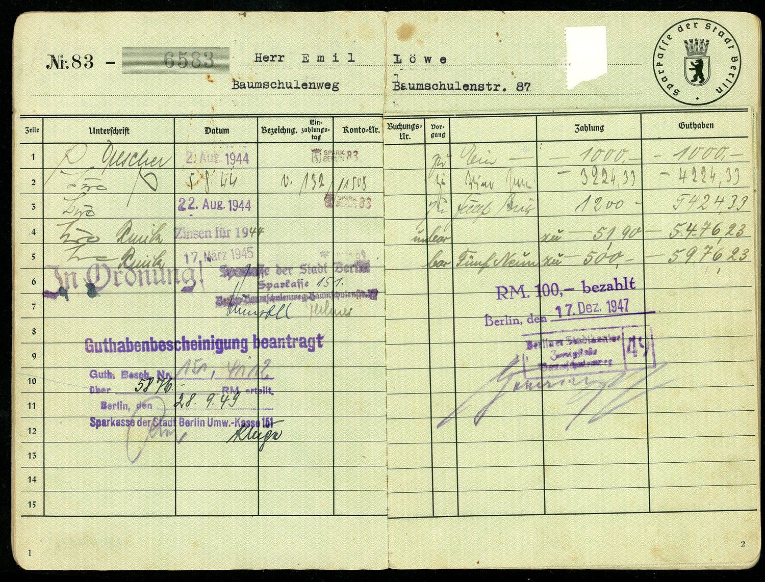 FACEBOOK AUCTION - WW2 Sparkasse Berlin Bank Savings Account Book, Used From 1944 Through 1949, Includes Security Card To Withdraw Funds