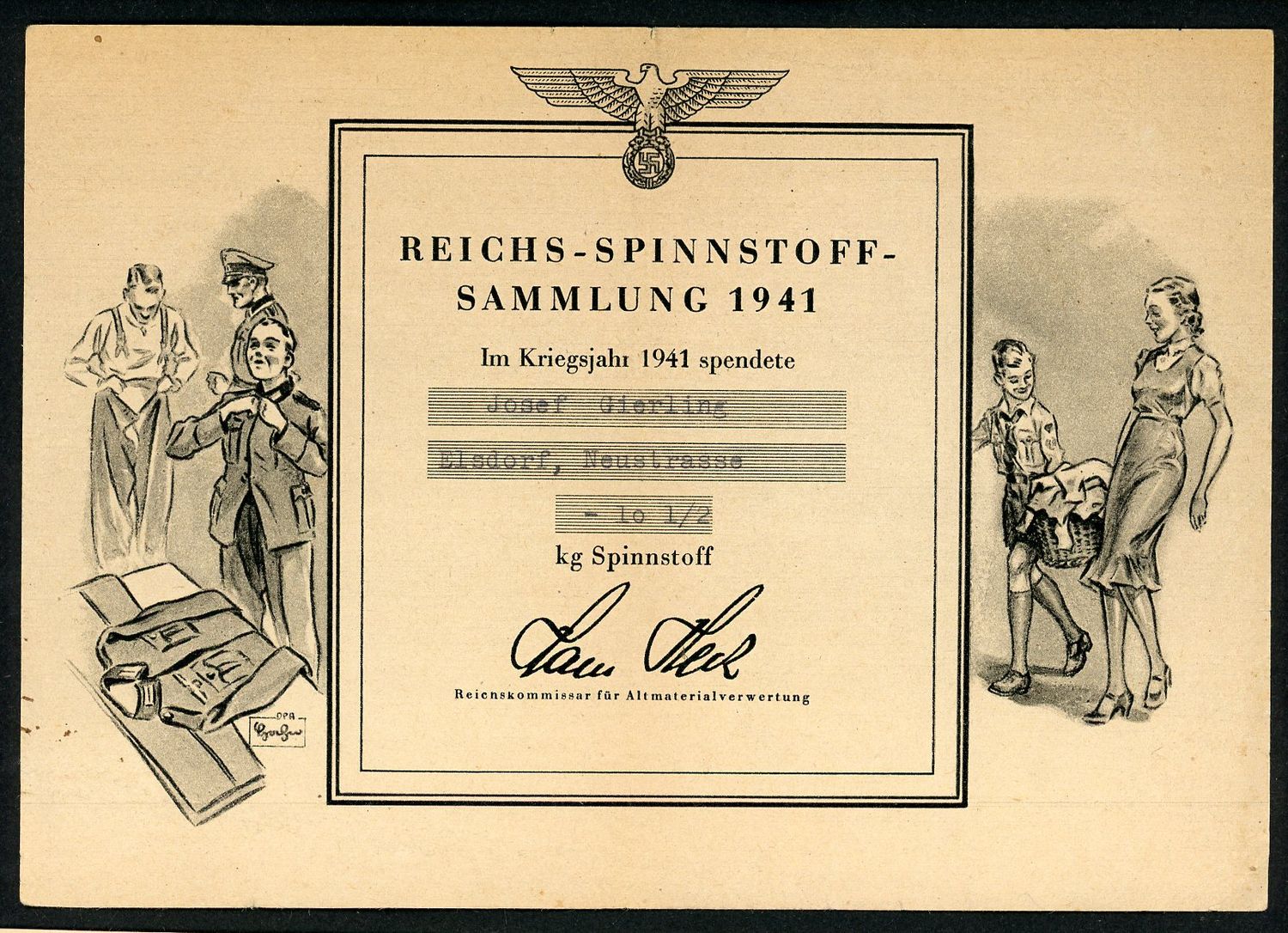 Z FACEBOOK AUCTION - German WW2 Certificate For Textile Collection In 1941 For The Military, Eagle Swaz &amp; Facsimile Signature of the Reich Commissioner Material Recycling