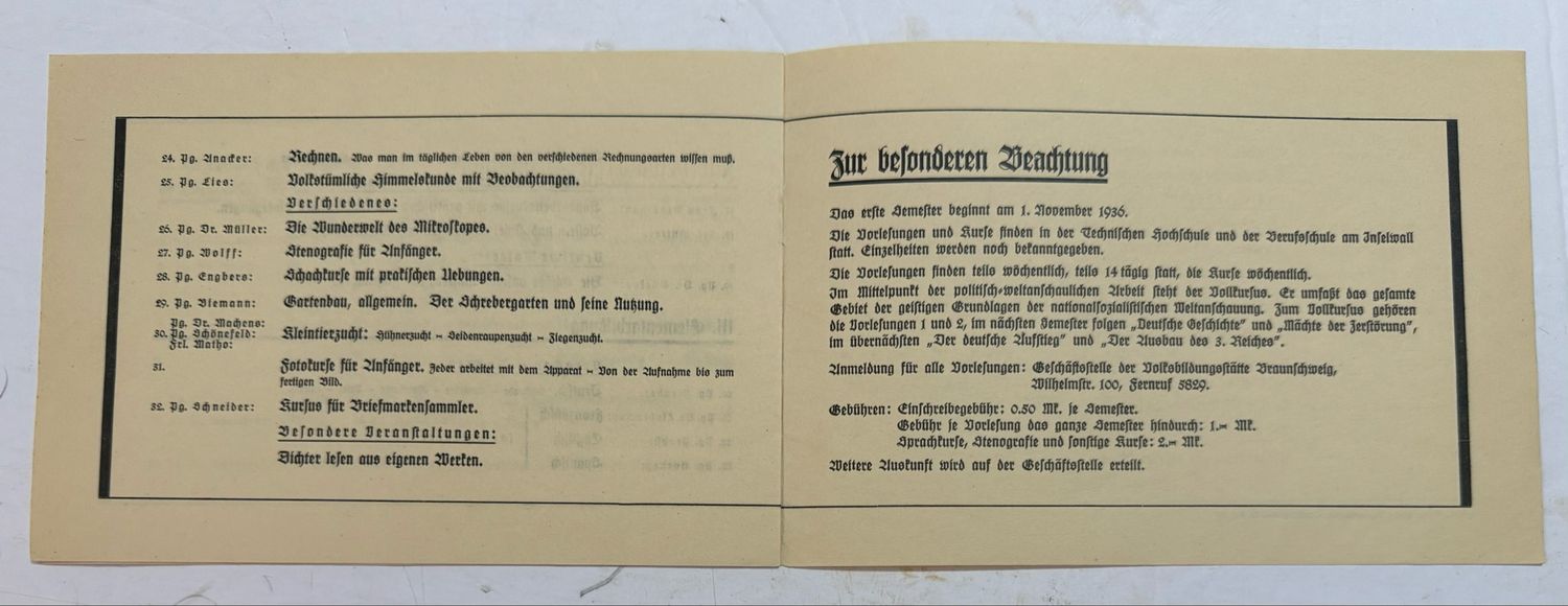 FACEBOOK AUCTION - German DAF KDF Strength Through Joy Braunschweig Adult Education Center Course Catalog, Whirlwind Swaz