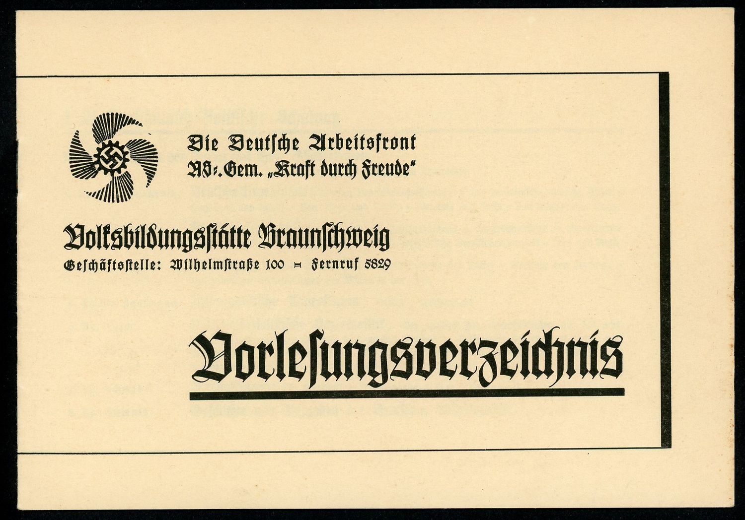 FACEBOOK AUCTION - German DAF KDF Strength Through Joy Braunschweig Adult Education Center Course Catalog, Whirlwind Swaz
