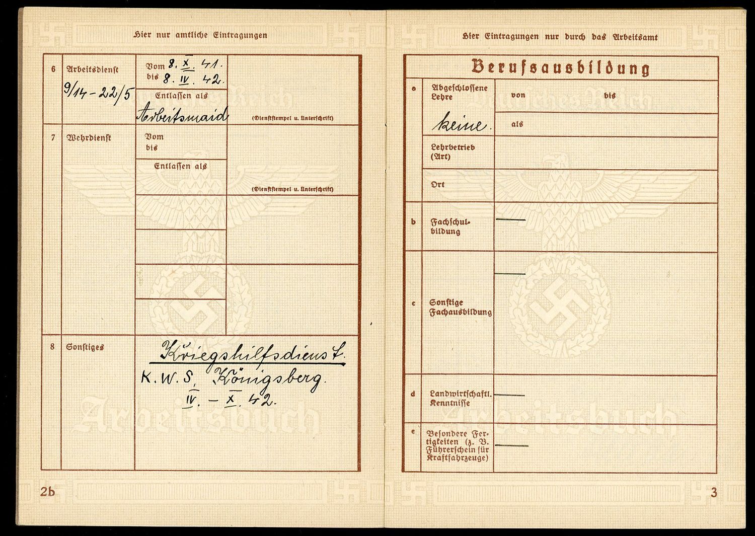 FACEBOOK AUCTION - German WW2 Arbeitsbuch For 21 Year Old Wanda Kulinski From Posen, RAD Arbeitsmaiden, Kriegshilfsdienst, Luftnachrichtenhelferin, Luftgaukommando Berlin, She Only Did Military Relate