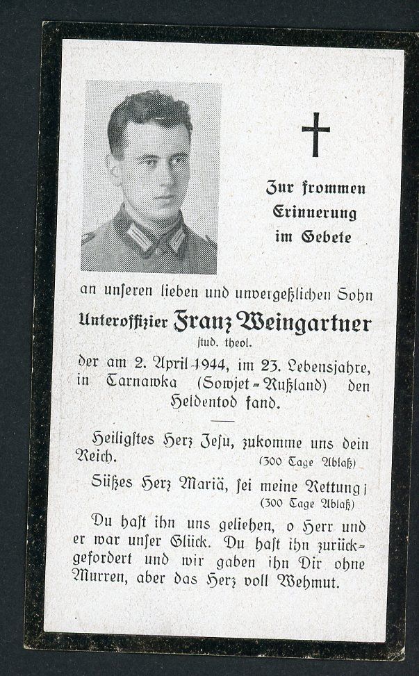FACEBOOK AUCTION - German WW2 Death Card Unteroffizier Franz Weingartner KIA April 1944 Tarnawka Russia