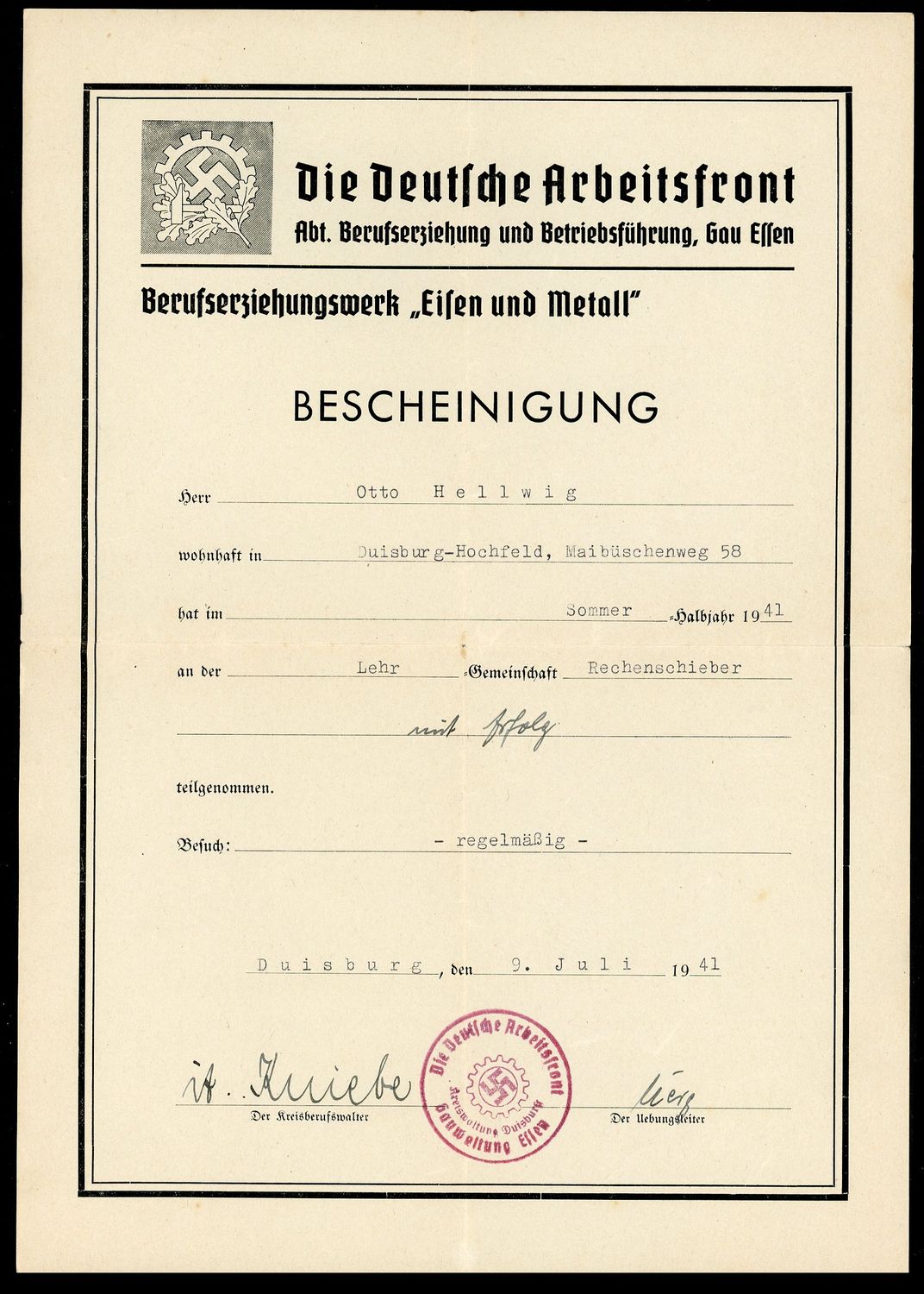 FACEBOOK AUCTION - German WW2 DAF Iron And Metal Vocational Certificate, Double Cog Wheel Swaz, Given In July 1941, Deutsche Arbeits Front