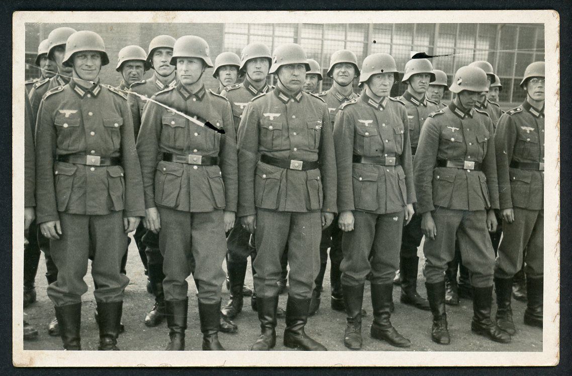 FACEBOOK AUCTION - German WW2 Photo - Wehrmacht Troops In Single and Double Decal Combat Helmets In Formation, Postcard Sized Private Pic