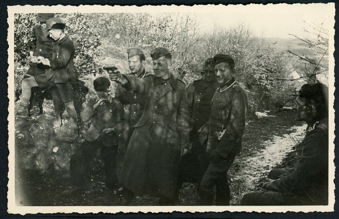 FACEBOOK AUCTION - German WW2 Photo - Wehrmacht Soldier Aims Walther PPK Pistol As Comrade Has Stainless FN Browning Pistol Hanging On His Belt