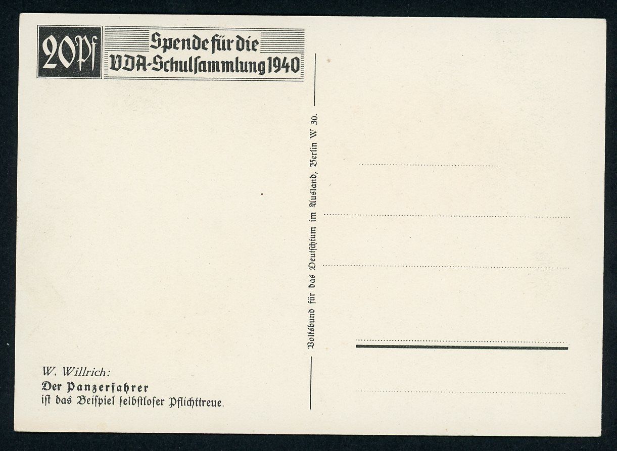 FACEBOOK AUCTION - Rare German Third Reich VDA Postcard Featuring A Panzerfahrer Panzer Tank Driver by Willrich WW2