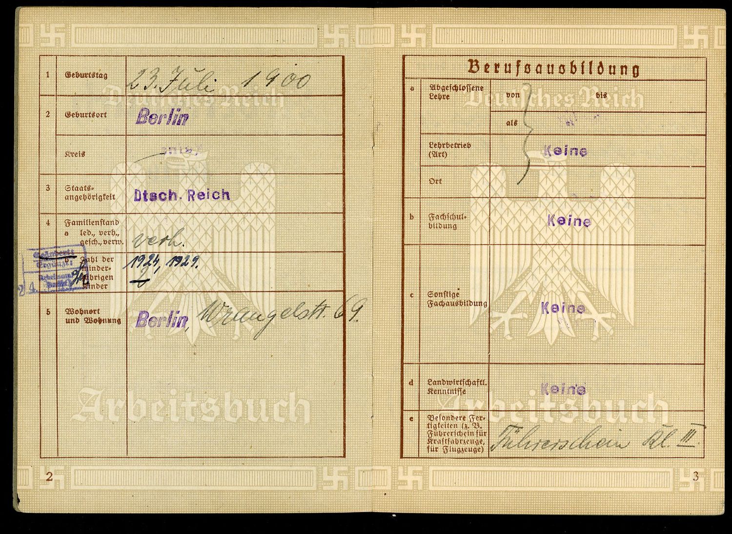 FACEBOOK AUCTION - German WW2 Arbeitsbuch For Otto Staudemeyer, Truck Driver For Berlin Police School &amp; Luftwaffe Command, 1935 - 1941