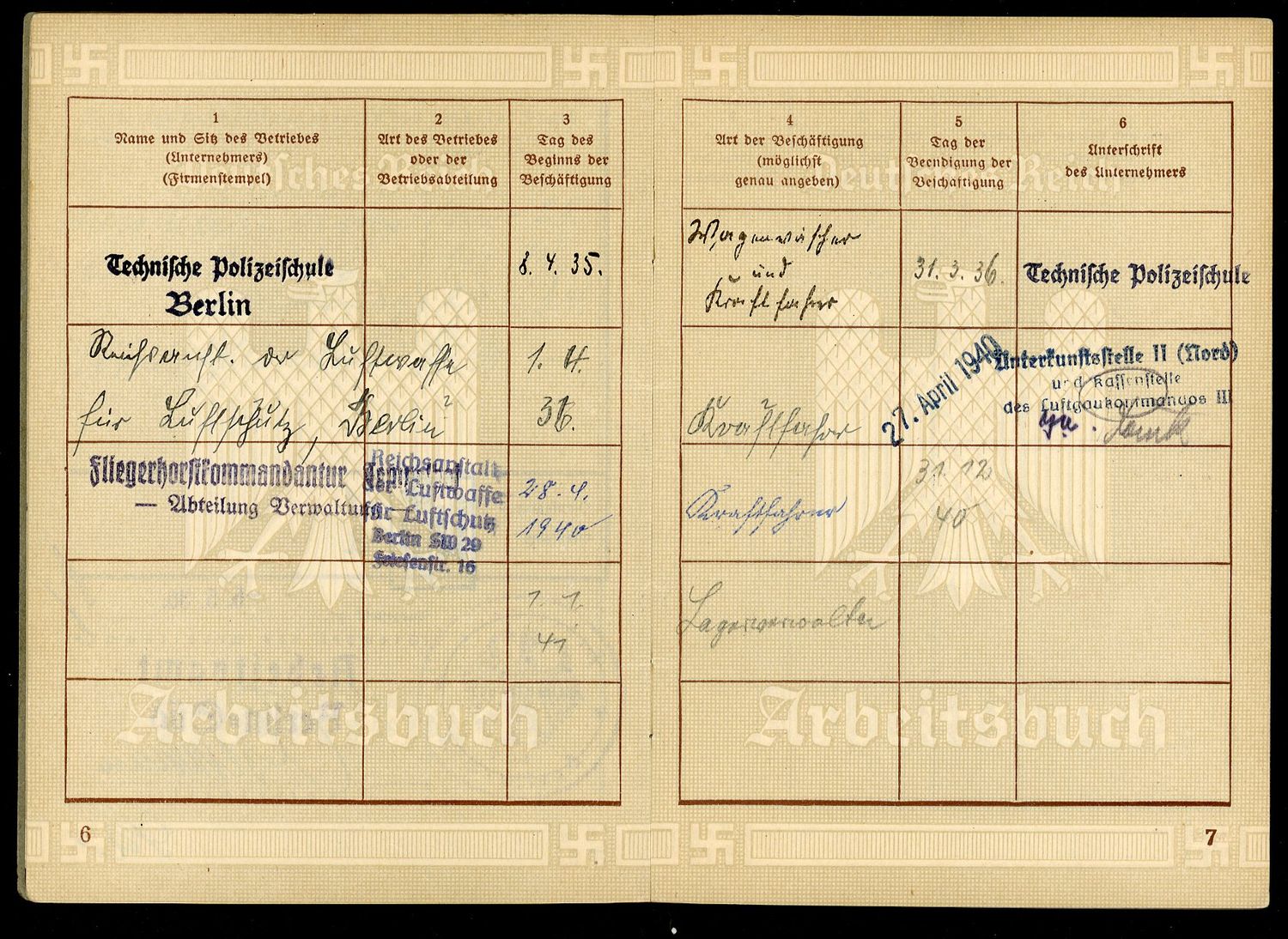 FACEBOOK AUCTION - German WW2 Arbeitsbuch For Otto Staudemeyer, Truck Driver For Berlin Police School &amp; Luftwaffe Command, 1935 - 1941