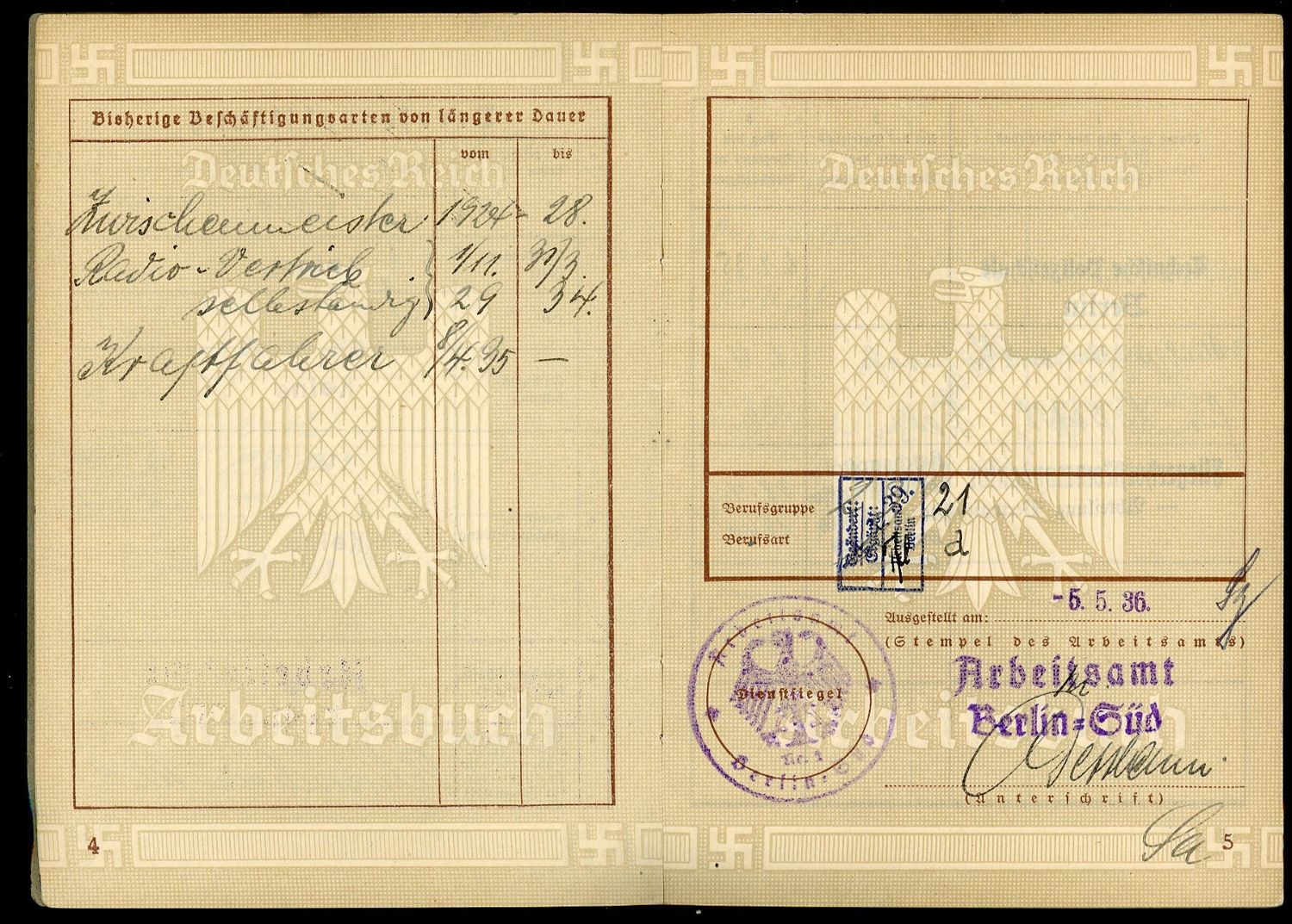 FACEBOOK AUCTION - German WW2 Arbeitsbuch For Otto Staudemeyer, Truck Driver For Berlin Police School &amp; Luftwaffe Command, 1935 - 1941