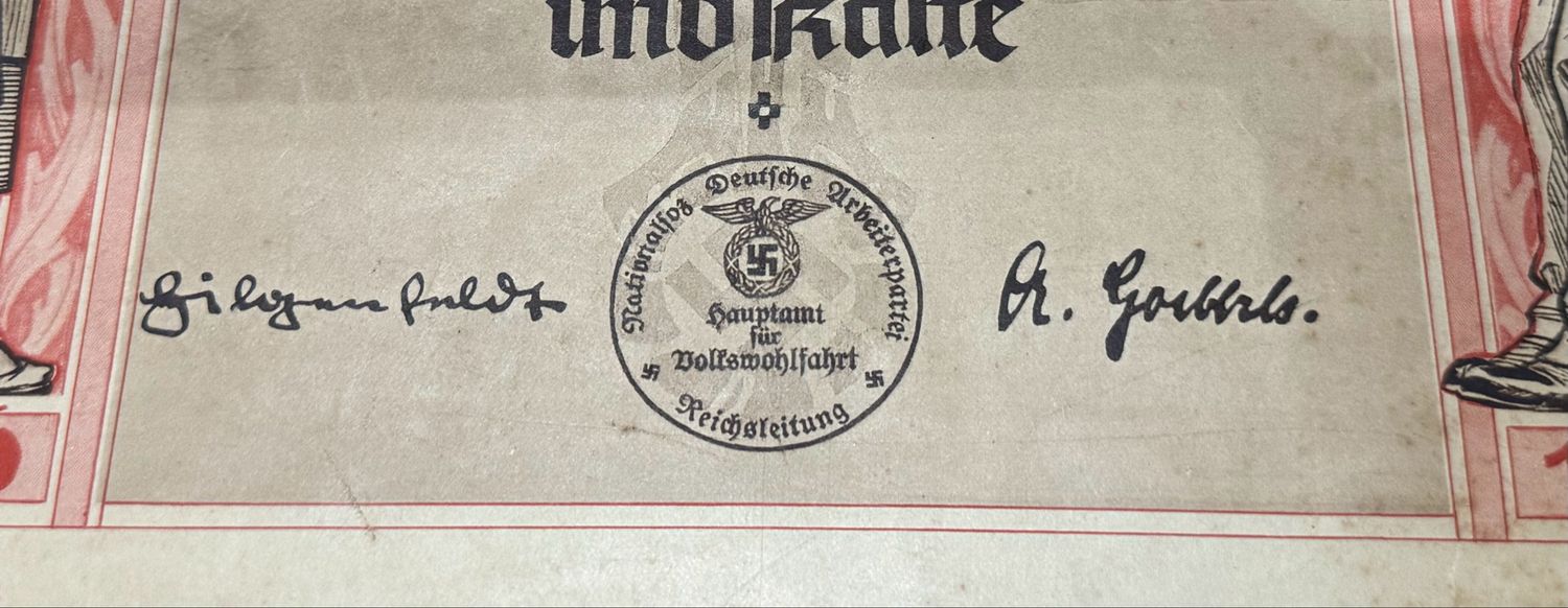 FACEBOOK AUCTION - Amazing 1935/36 WHW Certificate Issued For Fight Against Hunger, Dr Goebbels, Partei Man w/ Swaz Armband &amp; WHW Donation Can, Great Document!