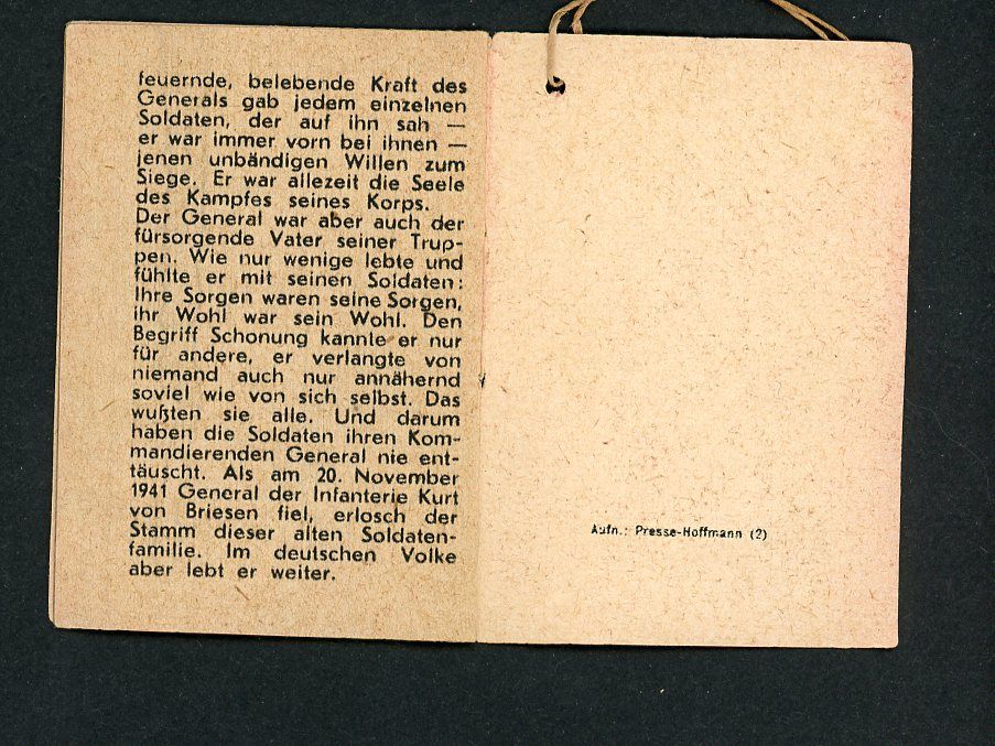 FACEBOOK AUCTION - German WW2 Army General Kurt von Briesen Knights Cross Mini Booklet From WHW Tag Der Wehrmacht 1942/43