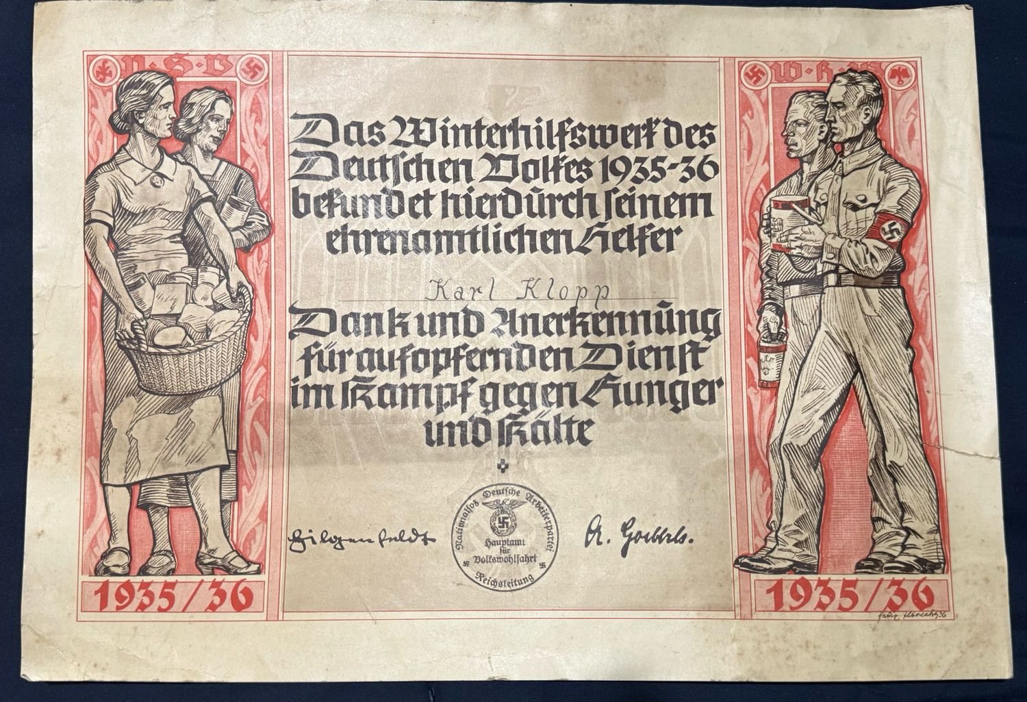 FACEBOOK AUCTION - Amazing 1935/36 WHW Certificate Issued For Fight Against Hunger, Dr Goebbels, Partei Man w/ Swaz Armband &amp; WHW Donation Can, Great Document!