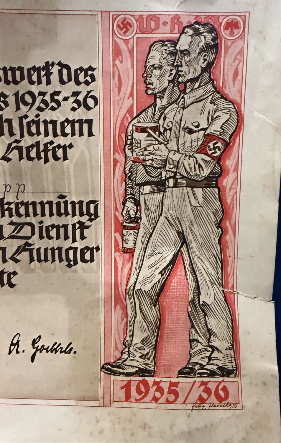 FACEBOOK AUCTION - Amazing 1935/36 WHW Certificate Issued For Fight Against Hunger, Dr Goebbels, Partei Man w/ Swaz Armband &amp; WHW Donation Can, Great Document!