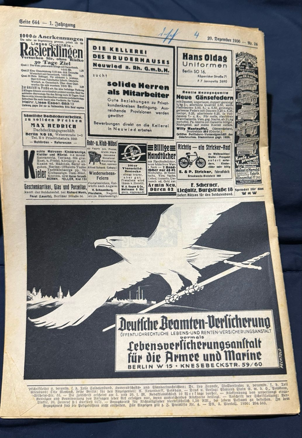 FACEBOOK AUCTION - Rare German Soldatenbund NS Reichskriegerbund Veteran&#39;s Magazine Christmas 1936 NSRKB - Gebirgsjager, Torpedo Boats, Veterans List Who Passed Away, Great Ads, Army General