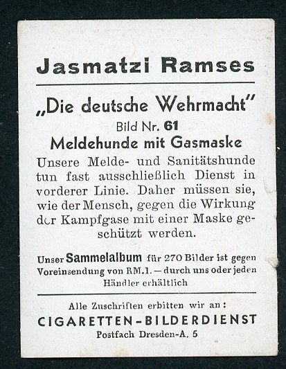 FACEBOOK AUCTION - German 3rd Reich Cigarette Card, Wehrmacht Troops + German Shepherd Dogs ALL Wearing Gasmasks!