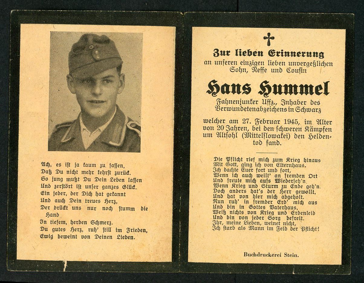 FACEBOOK AUCTION - German WW2 Death Card, NCO Hans Hummel Fahnenjunker, Died February 27th, 1945 Slovakia, Holder Of The Black Wound Badge
