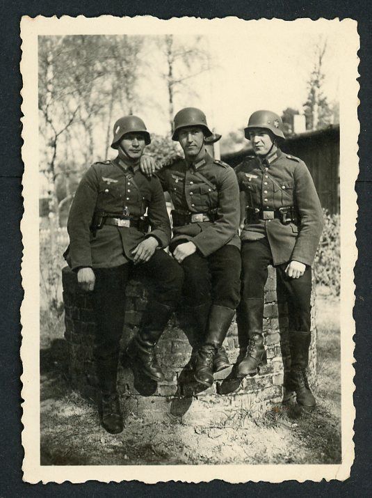 FACEBOOK AUCTION - Excellent German WW2 Photo - Trio of Wehrmacht Soldiers in Double Decal Steel Helmets, April 1938