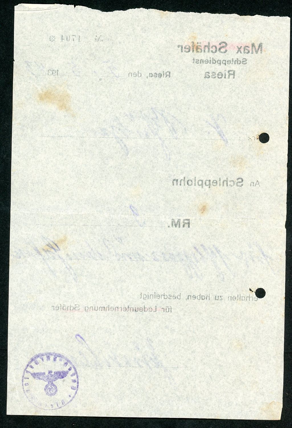 FACEBOOK AUCTION - Rare German WW2 Towing Service Receipt From 1943, With Eagle/Swaz Ink Stamp