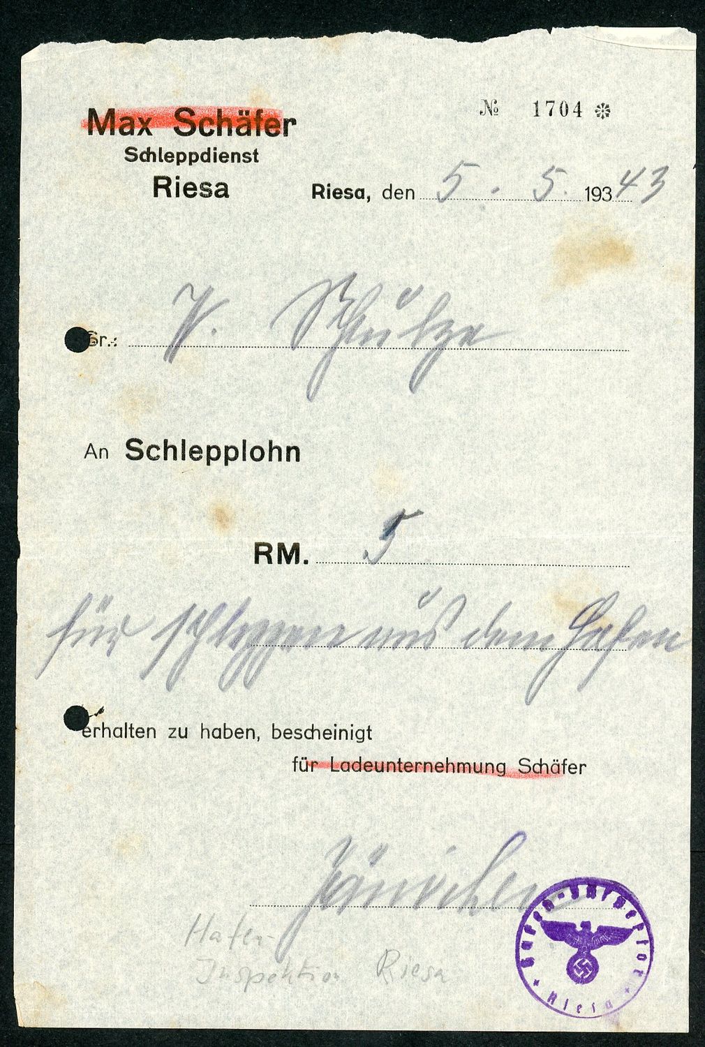 FACEBOOK AUCTION - Rare German WW2 Towing Service Receipt From 1943, With Eagle/Swaz Ink Stamp