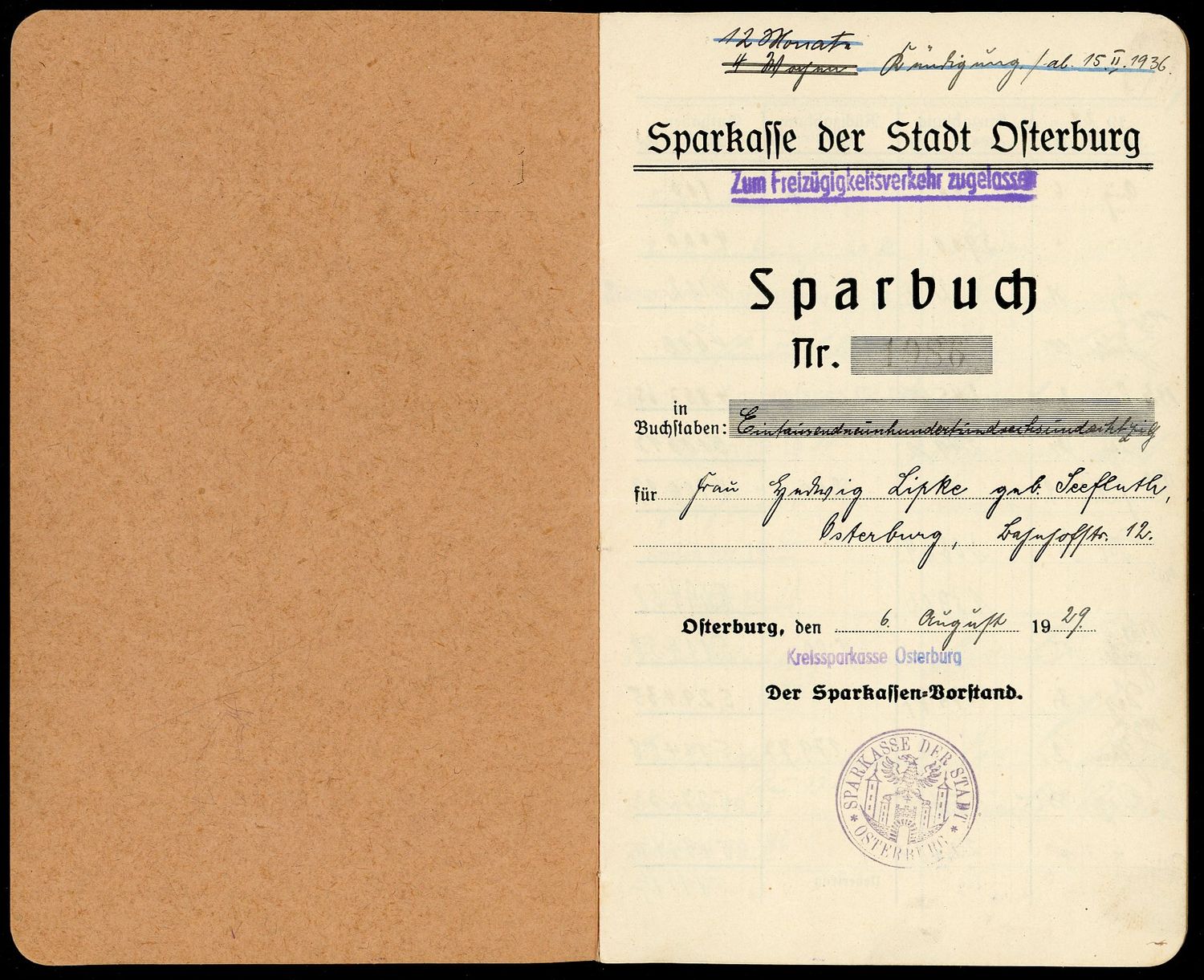 FACEBOOK AUCTION - German Bank Savings Account Book Sparkasse Osterburg Used From 1929 Through WW2 Up To 1954