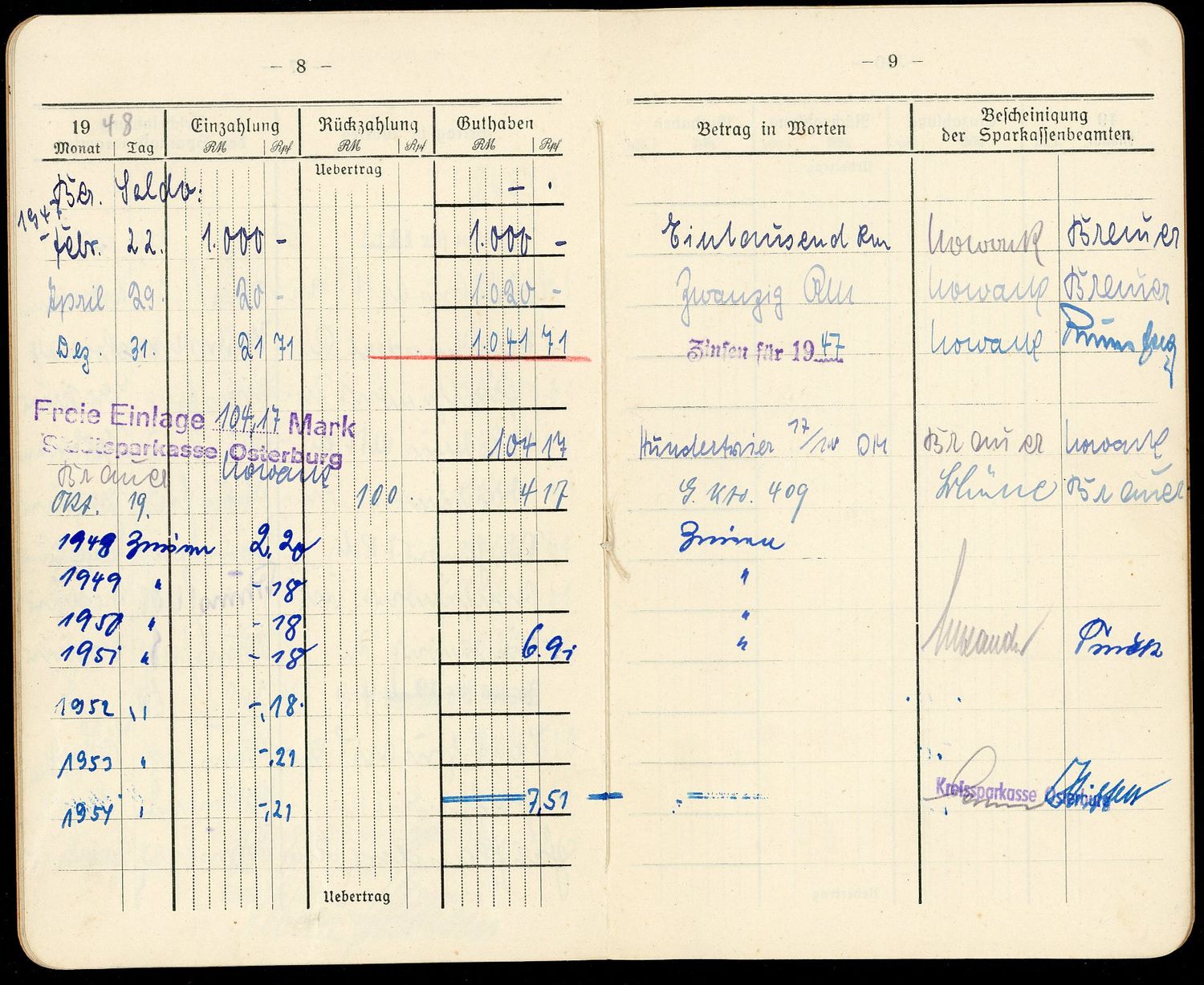 FACEBOOK AUCTION - German Bank Savings Account Book Sparkasse Osterburg Used From 1929 Through WW2 Up To 1954