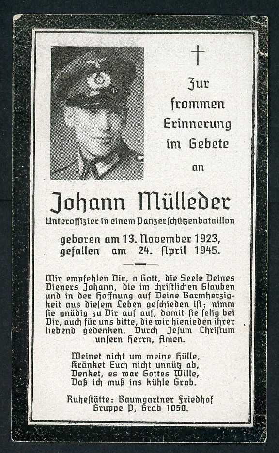 Z FACEBOOK AUCTION - German WW2 Death Card Unteroffizier Johann Mulleder Panzer Schutz Battalion, KIA April 24th, 1945