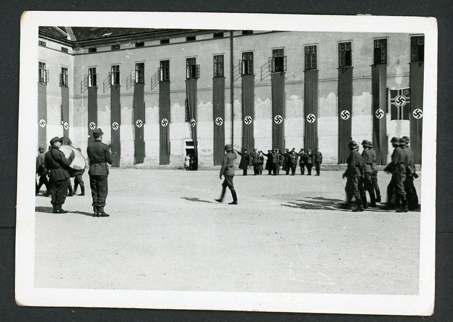 Z FACEBOOK AUCTION - Awesome Looking German WW2 Photo, Ceremony Site With Massive Hanging Swaz Banner Flags, Officers Saluting In Review