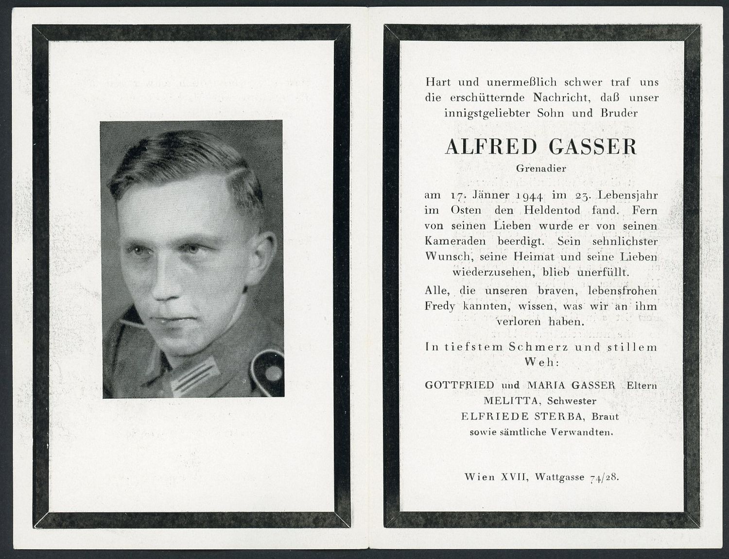FACEBOOK AUCTION - German WW2 Death Card Grenadier Alfred Gasser Heroic Death Eastern Front 1944 &amp; Buried There