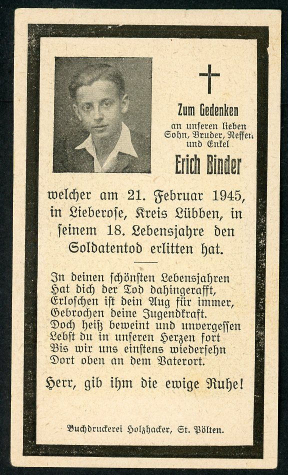 FACEBOOK AUCTION - German WW2 Death Card 18 Year Old Soldier Erich Binder Killed in Lubben District Germany February 1945