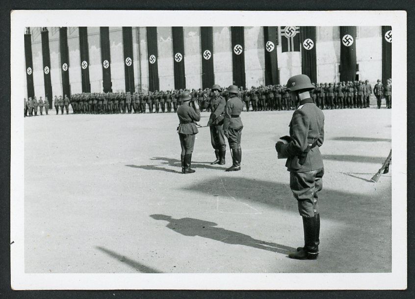 FACEBOOK AUCTION - Awesome Looking German WW2 Photo, Ceremony Site With Massive Hanging Swaz Banner Flags, Soldiers Swearing Oath of Death To The Fuhrer!