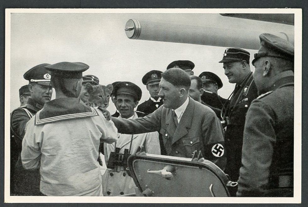 FACEBOOK AUCTION - German Third Reich Photo - Adolf H!tler &amp; Josef Goebbels Visit The Kriegsmarine Lion Cub Ship Mascot