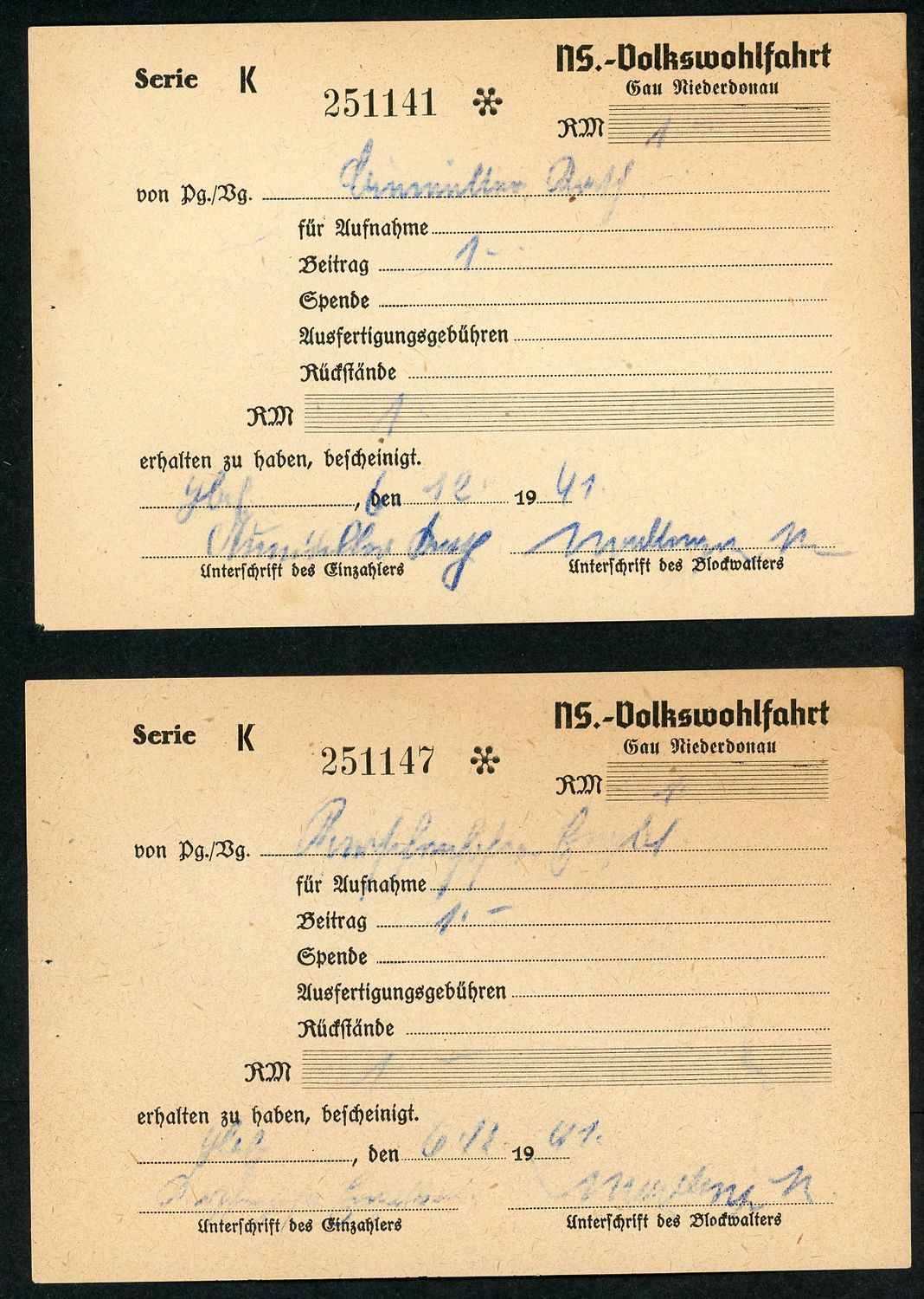 Lot of 2 German Third Reich National Socialist Welfare Contribution Receipts From 1941 NS-Volkswohlfart