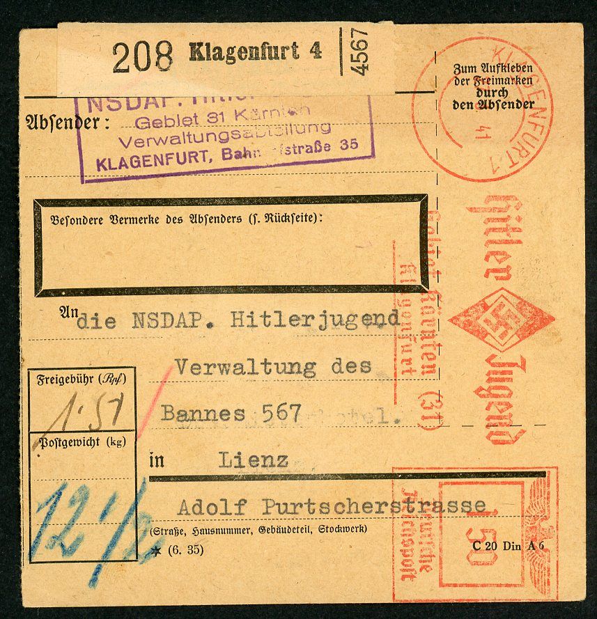 FACEBOOK AUCTION - H!tler Youth Parcel Receipt From 1941 With Excellent HJ Diamond Postmark Sent by HJ in one Town to HJ in Another Town