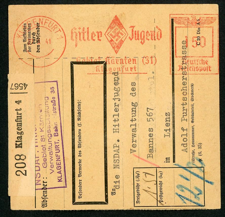 FACEBOOK AUCTION - H!tler Youth Parcel Receipt From 1941 With Excellent HJ Diamond Postmark Sent by HJ in one Town to HJ in Another Town