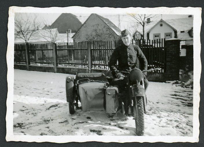 FACEBOOK AUCTION - German WW2 Photo - Soldier On Motorcycle with Sidecar Winter Snow + Feldpost Number Written on Back!