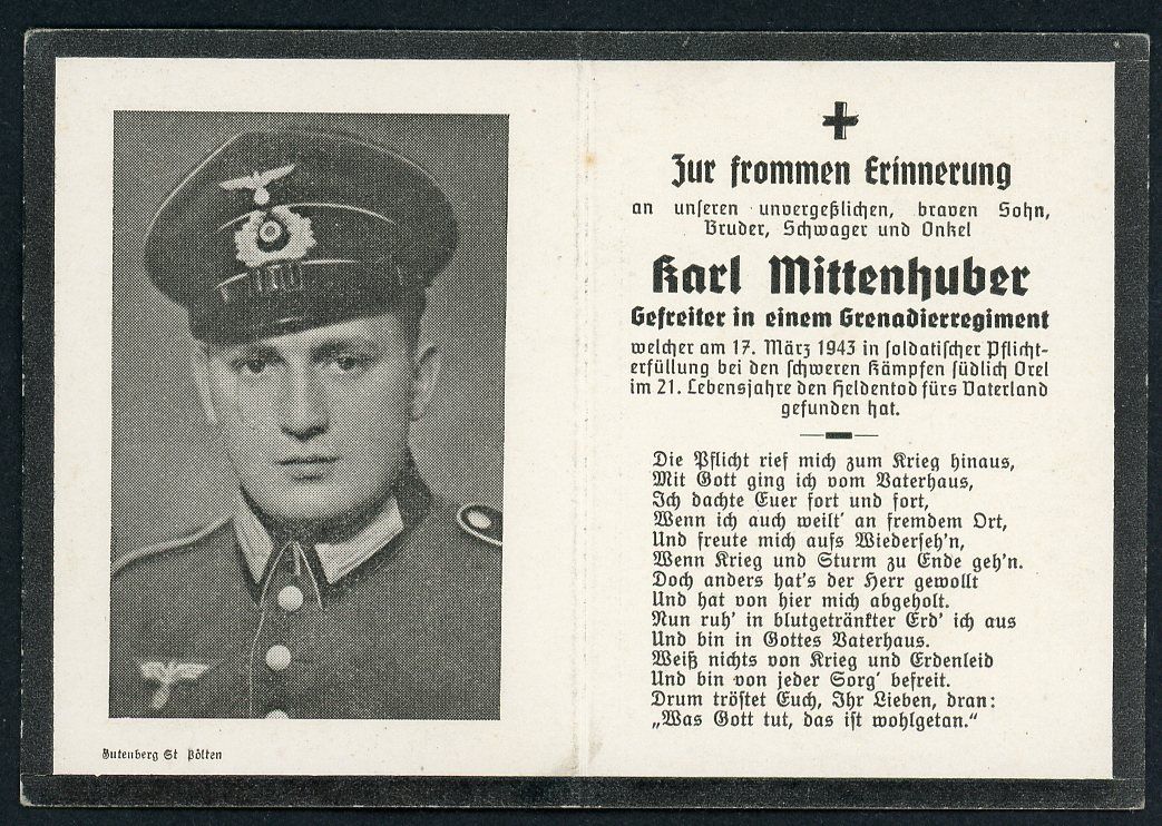 FACEBOOK AUCTION - German WW2 Death Card Grenadier Karl Mittenhuber KIA Heavy Battle Orel Russia 1943