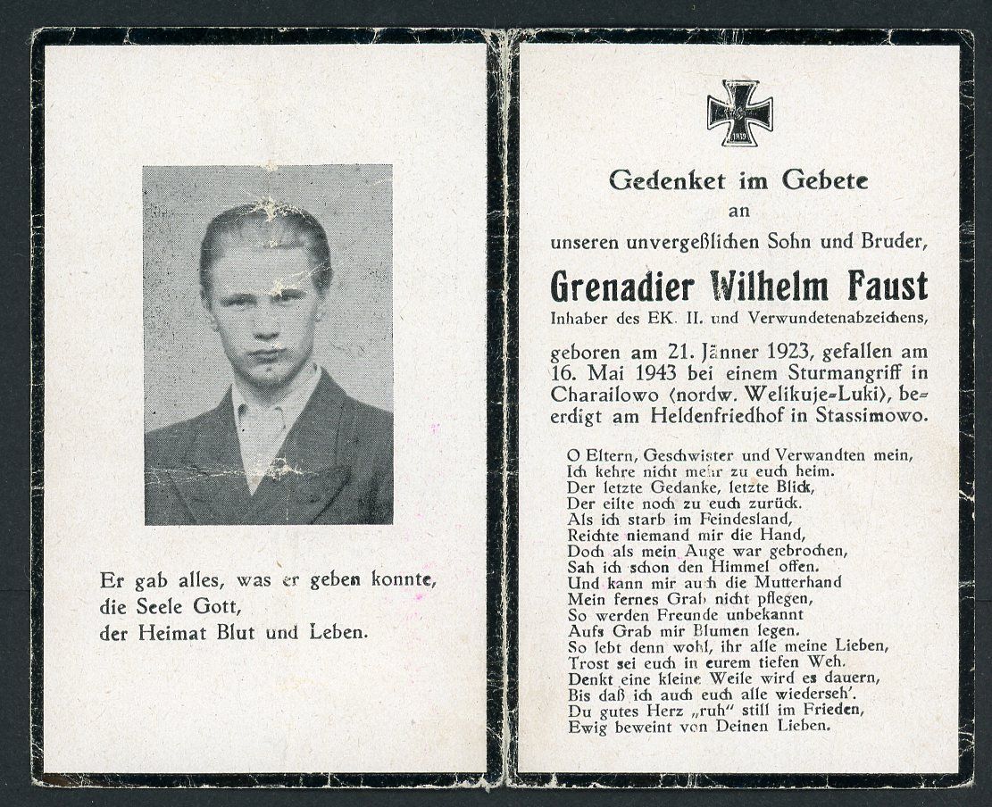 FACEBOOK AUCTION - German WW2 Death Card Grenadier Wilhelm Faust EK2 and Wound Badge KIA 1943 Eastern Front and Buried There