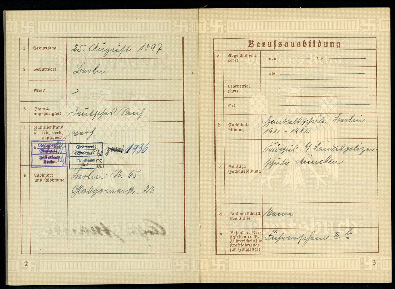FACEBOOK AUCTION - German 3rd Reich Arbeitsbuch With Merkblatt - 1936 Ambulance Driver + Luftkreiskommando