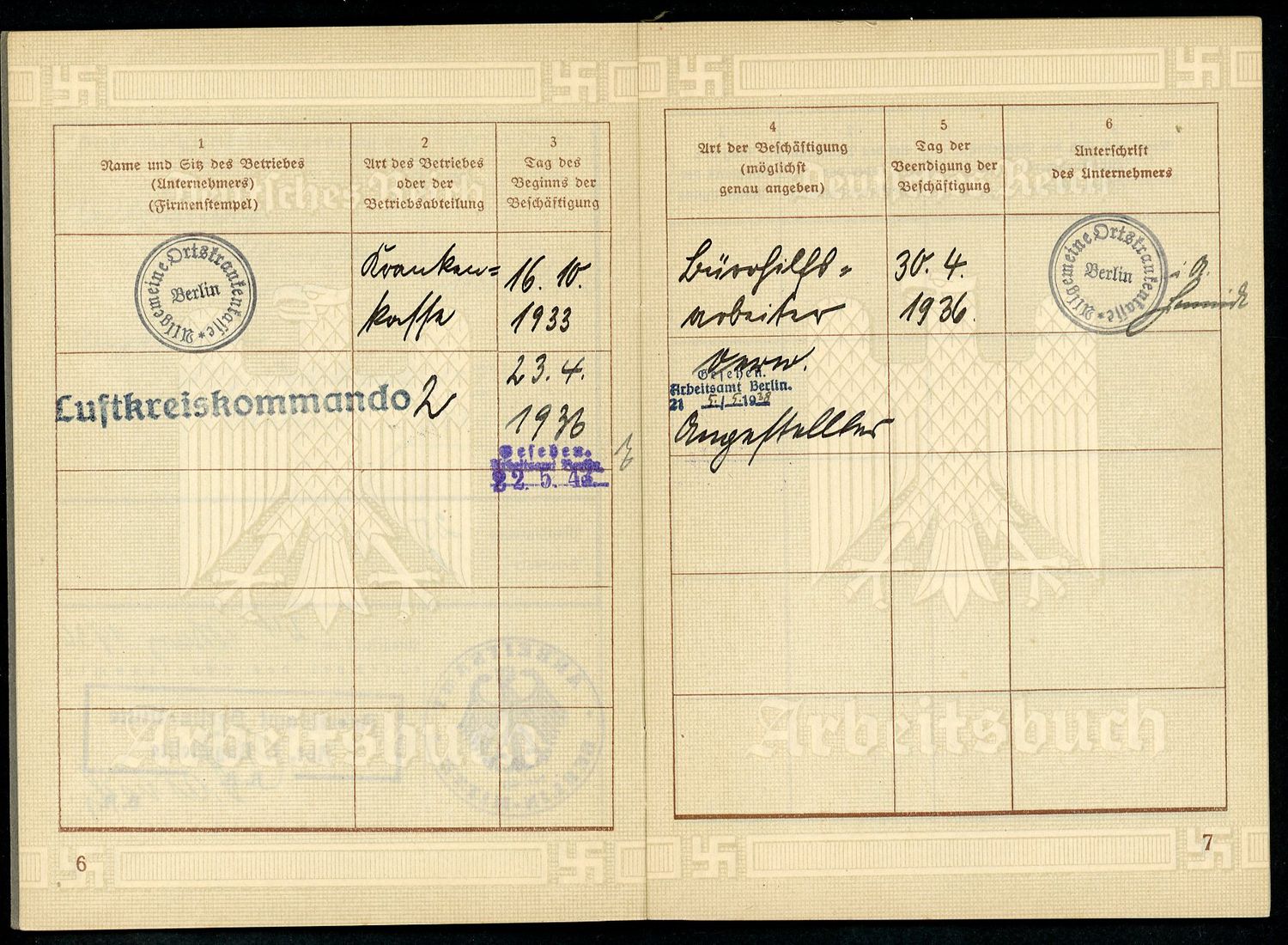 FACEBOOK AUCTION - German 3rd Reich Arbeitsbuch With Merkblatt - 1936 Ambulance Driver + Luftkreiskommando