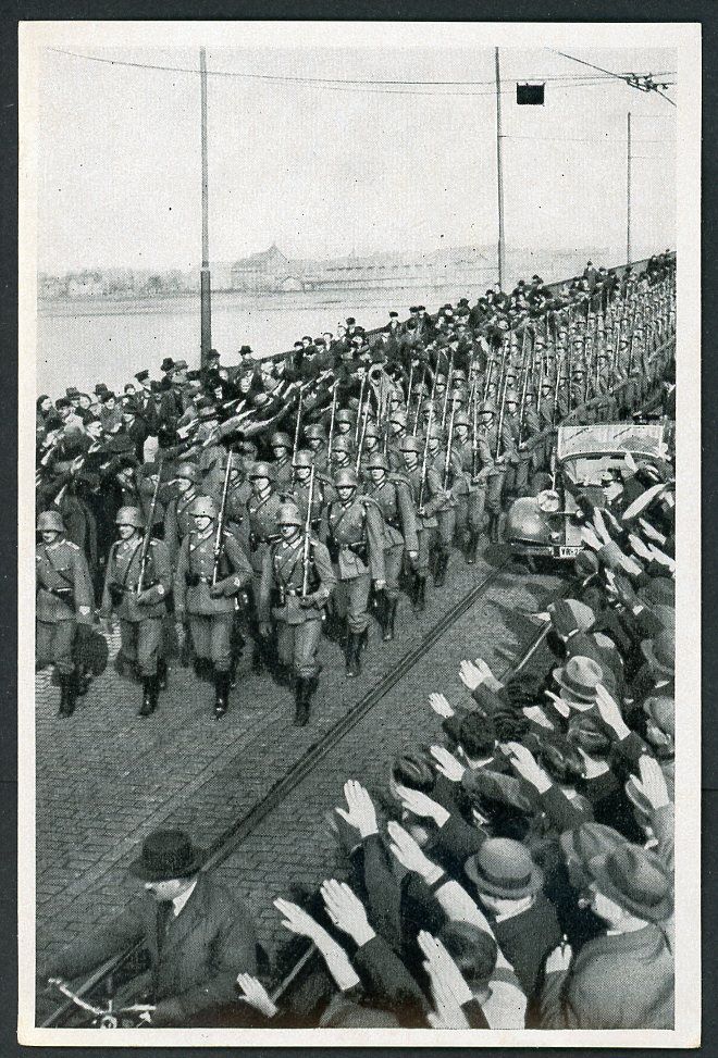 FACEBOOK AUCTION - German 3rd Reich Photo - Wehrmacht Soldiers March Across Rhein Bridge As Massive Crowds Heil H!tler Salute Them!